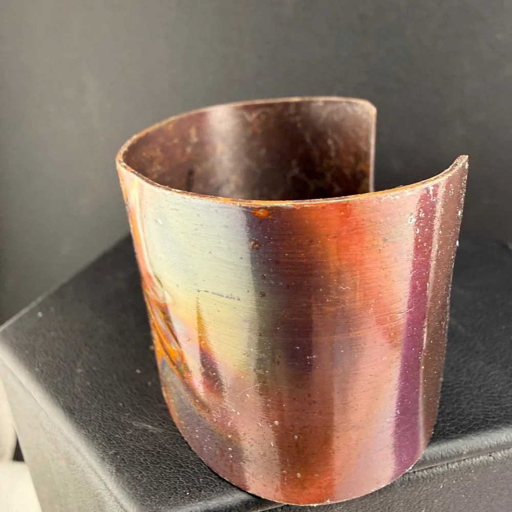 Vintage Copper Cuff Bracelet Multicolor Flame Painted Artist Signed Size 6